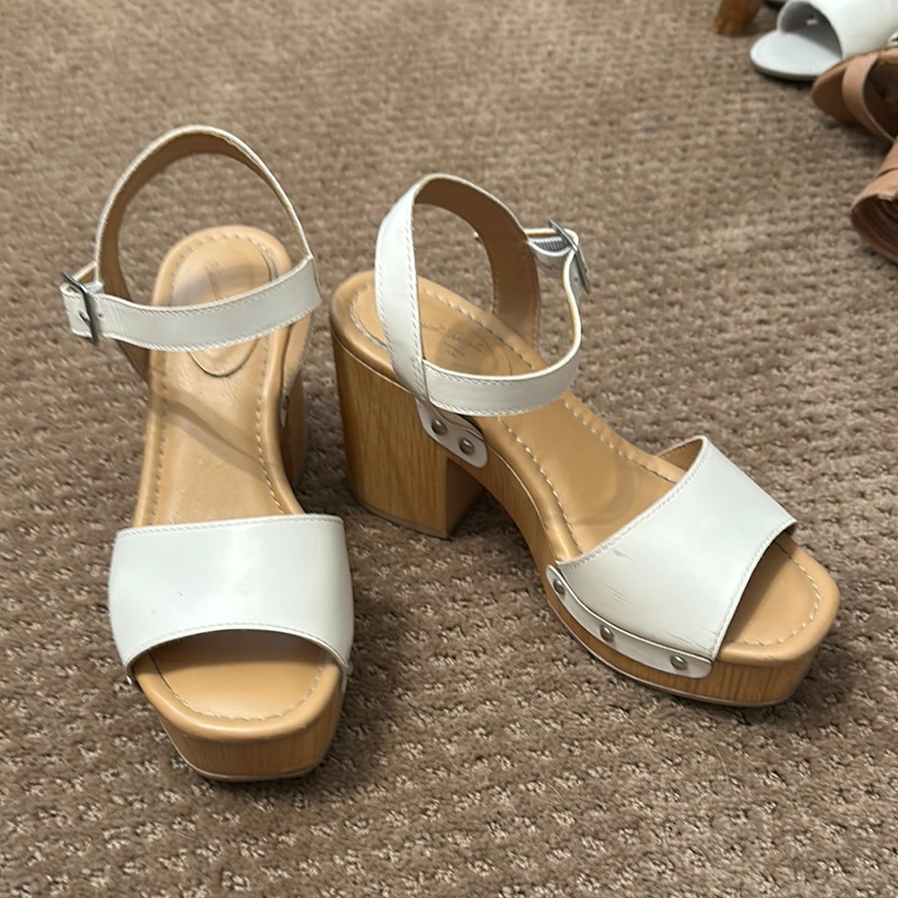 White and Tan Platform Sandals with Chunky Wedge Heel